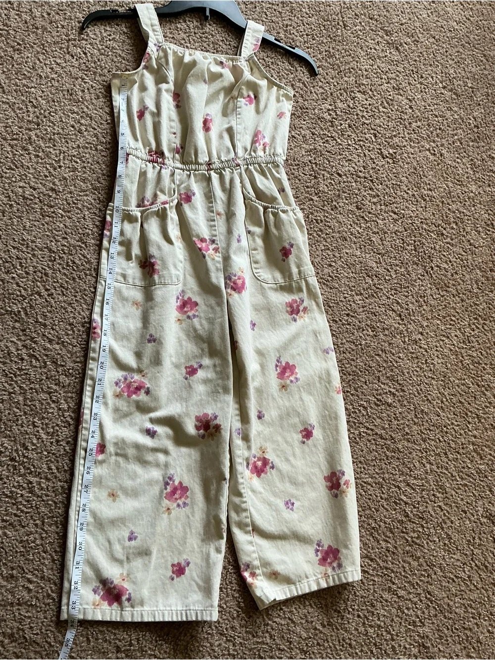 Oshkosh B’Gosh Girls Size 8/8A Floral Wide Leg Jumpsuit Cream Pink Pockets